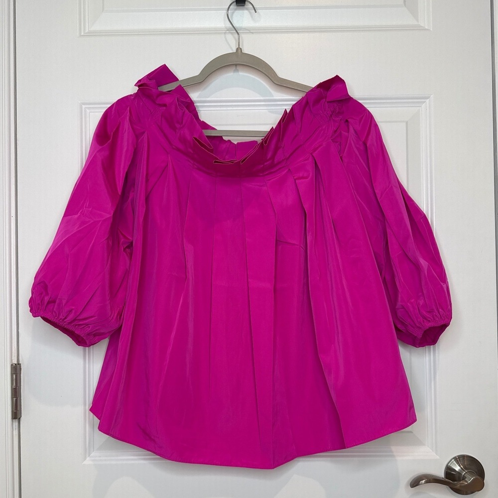 Trina Turk Krisha Top Fuchsia Pink Off Shoulder Puff Sleeve Pleated 2308122TF1